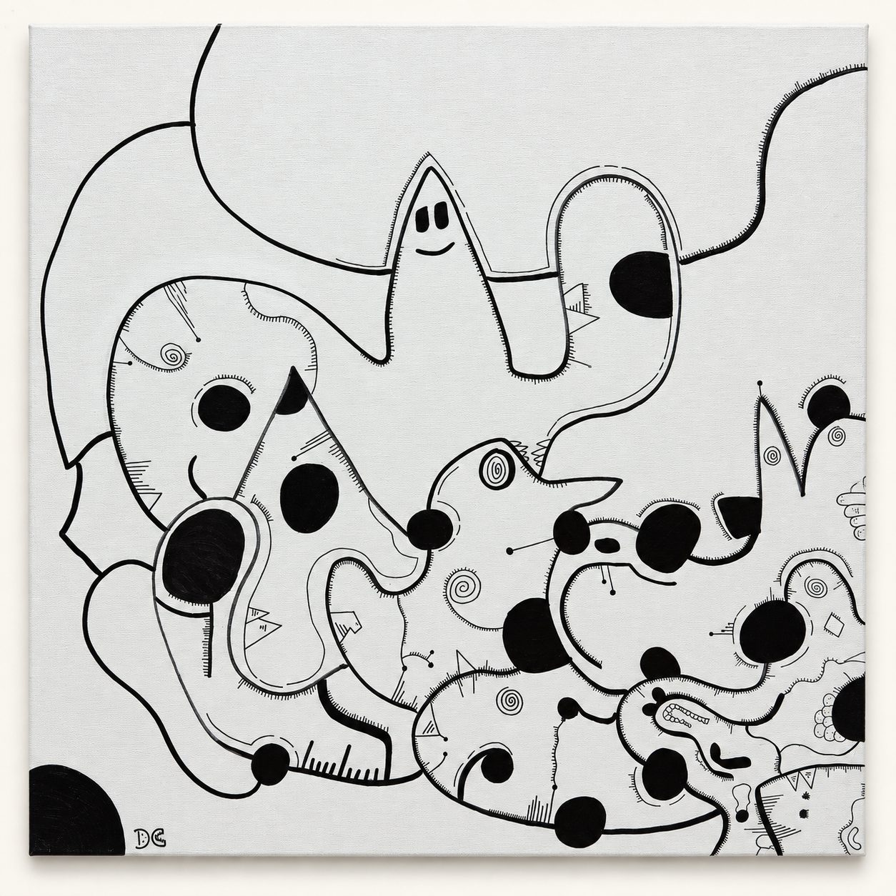 Black lines wander across a pale field, gathering strange faces, soft bodies and watchful eyes into one continuous knot.