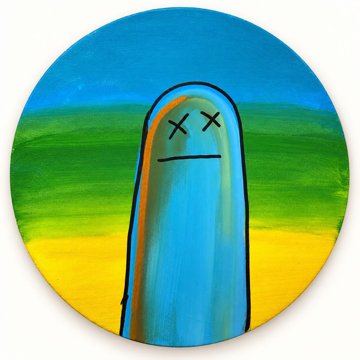 Franjas de azul, verde y amarillo sostienen una figura solitaria, trazada con negro rotundo.
