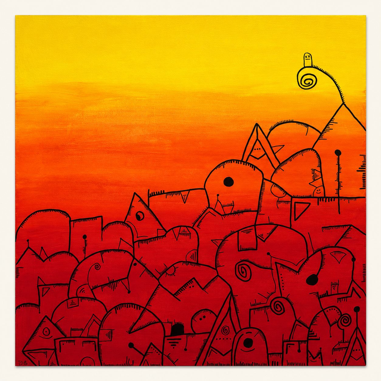 A field of yellow slips into orange, then red, while black linework gathers at the base like a teeming, half-imagined city.